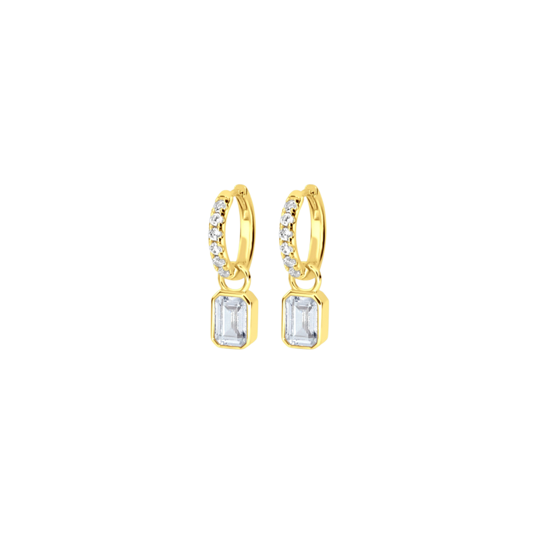 White CZ Gold hoop earrings with rectangular gemstones on a white background. Available at Be Charmed
