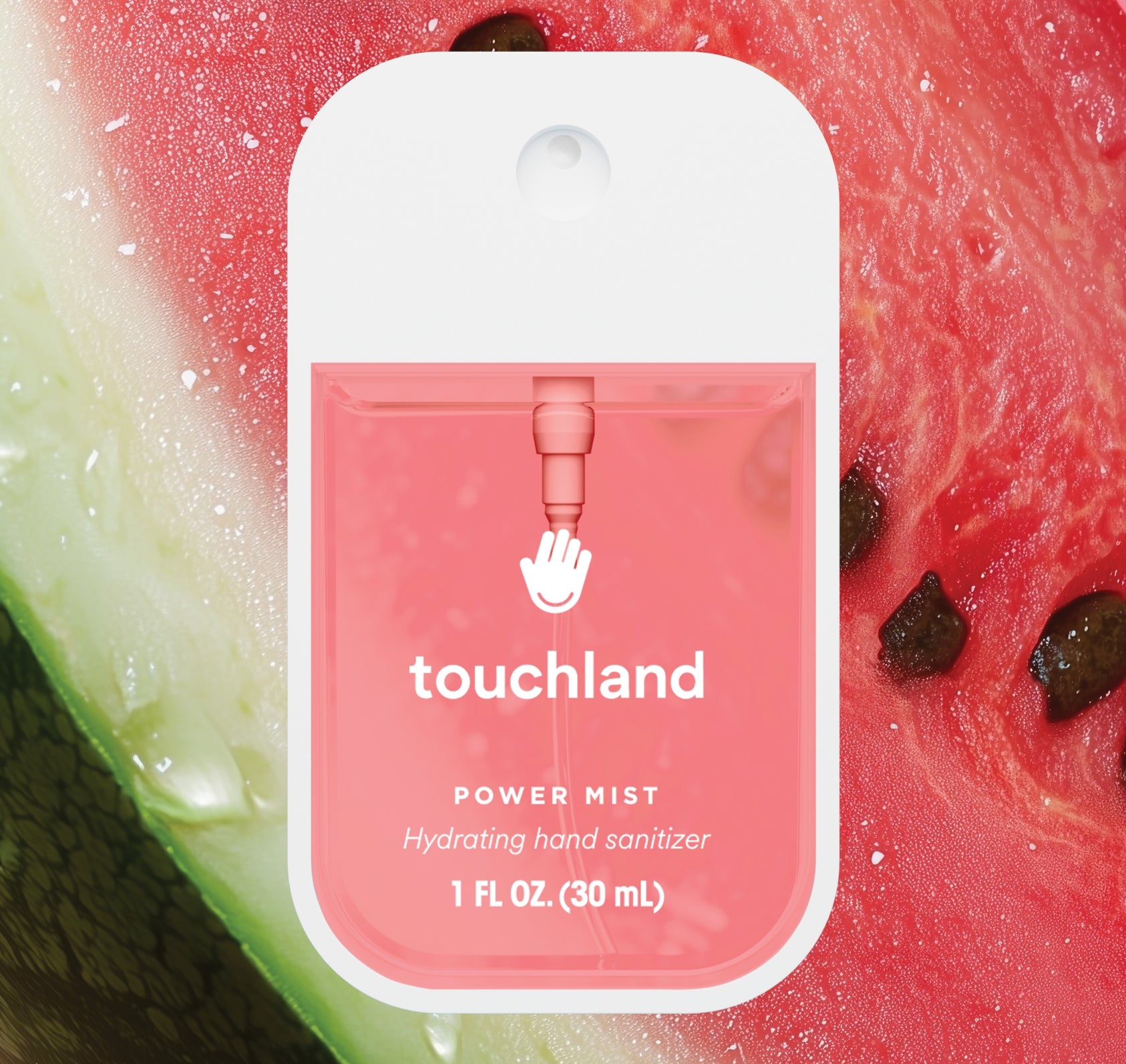 Touchland power mist hand sanitizer packaging on a watermelon background. Available at Be Charmed