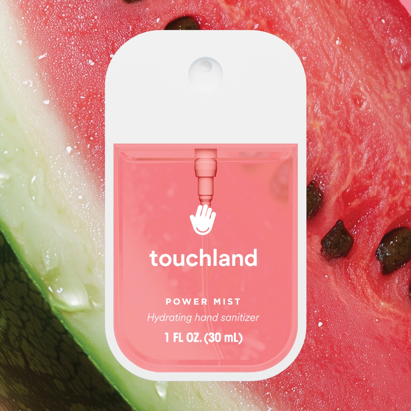 Touchland power mist hand sanitizer packaging on a watermelon background. Available at Be Charmed