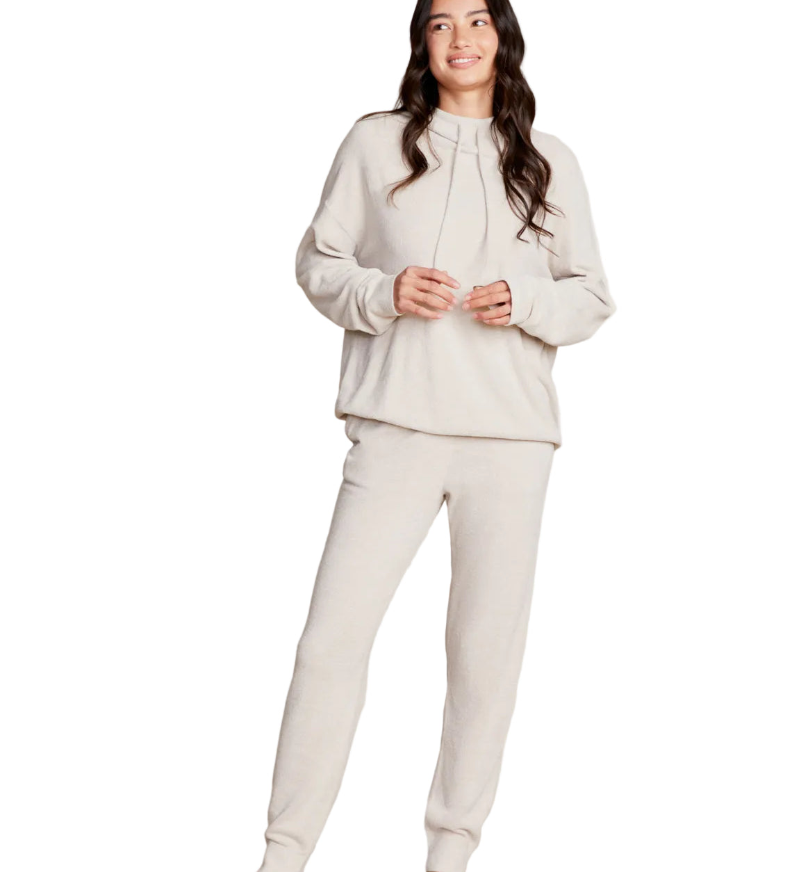 Woman wearing bisque CozyChic Ultra Lite Hooded Pullover by Barefoot Dreams, lightweight hooded wrap pullover, available at Be Charmed
