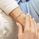 Close-up of a person's wrist wearing a silver bracelet with a blue stone. Available at Be Charmed