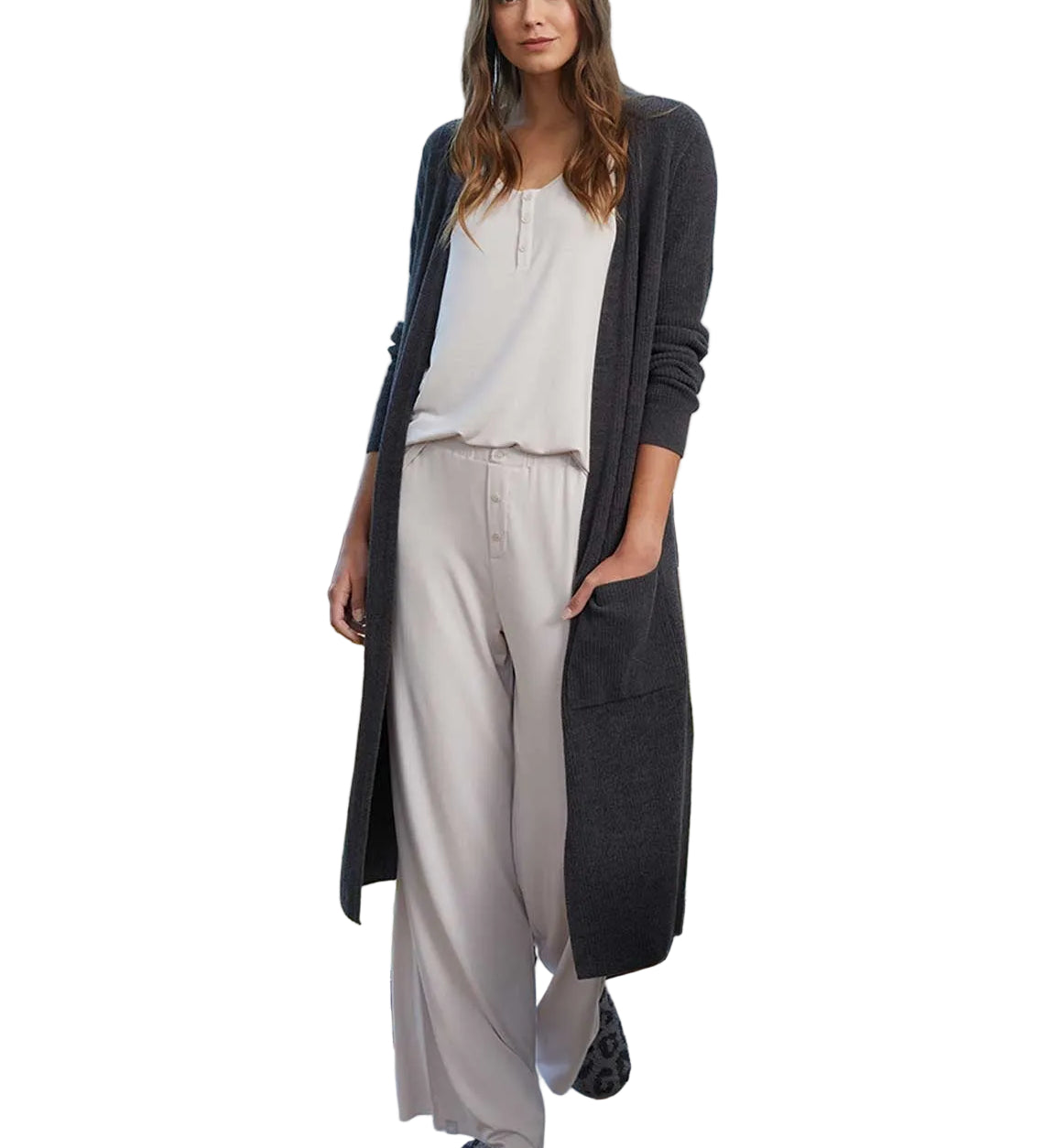 Woman wearing CozyChic Ultra Lite Long Cardigan in Carbon by Barefoot Dreams, lightweight longline cardigan, available at Be Charmed