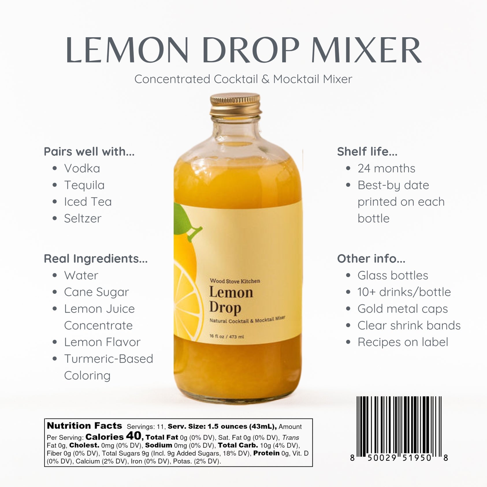 Lemon Drop Mixer bottle with label on a white background. Available at Be Charmed