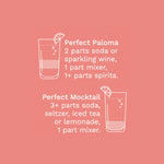 Instructions for making a perfect Paloma and Mocktail on a pink background. Available at Be Charmed