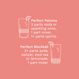 Instructions for making a perfect Paloma and Mocktail on a pink background. Available at Be Charmed