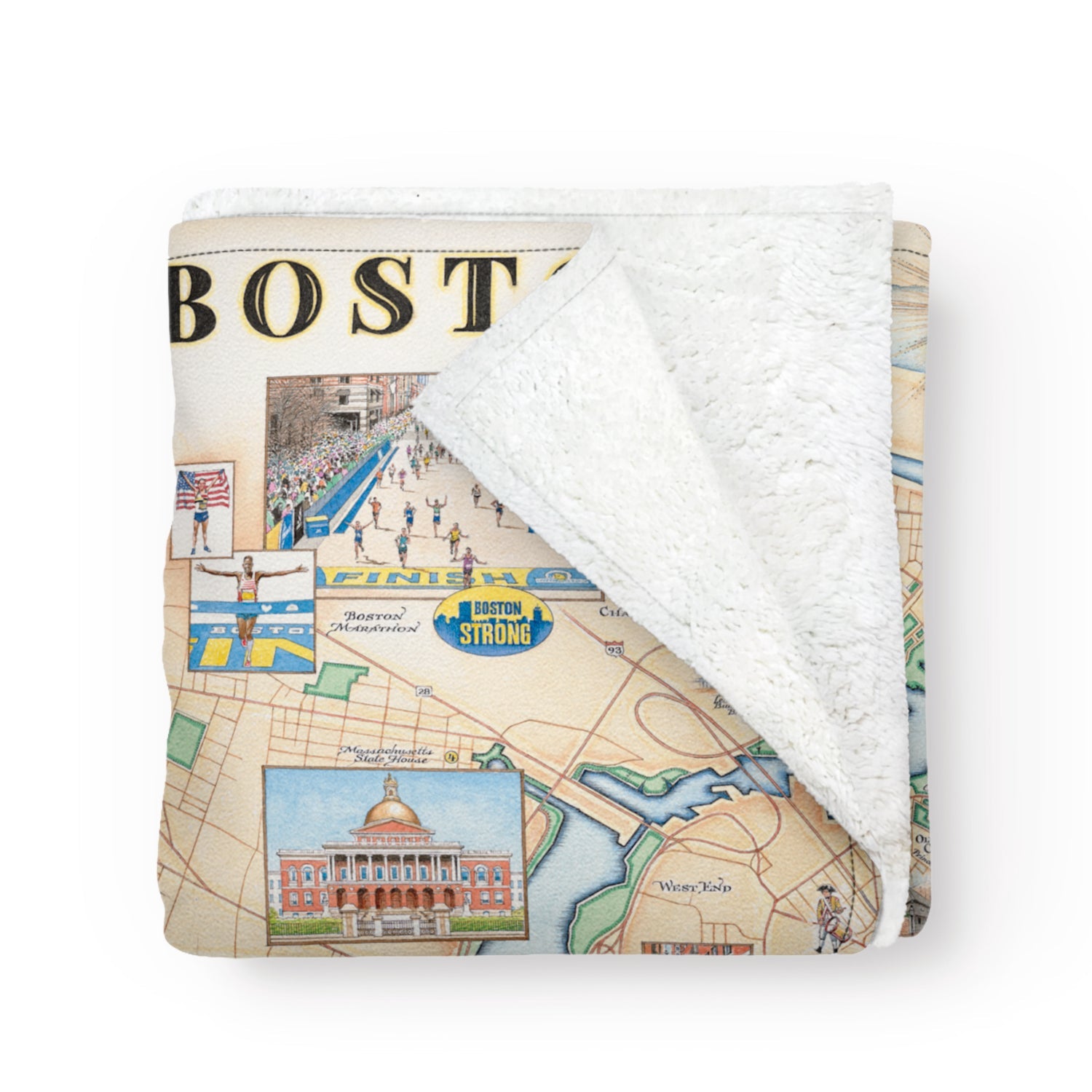 Blanket with Boston map design featuring the Boston Marathon and other iconic Boston locations. Available at Be Charmed. 