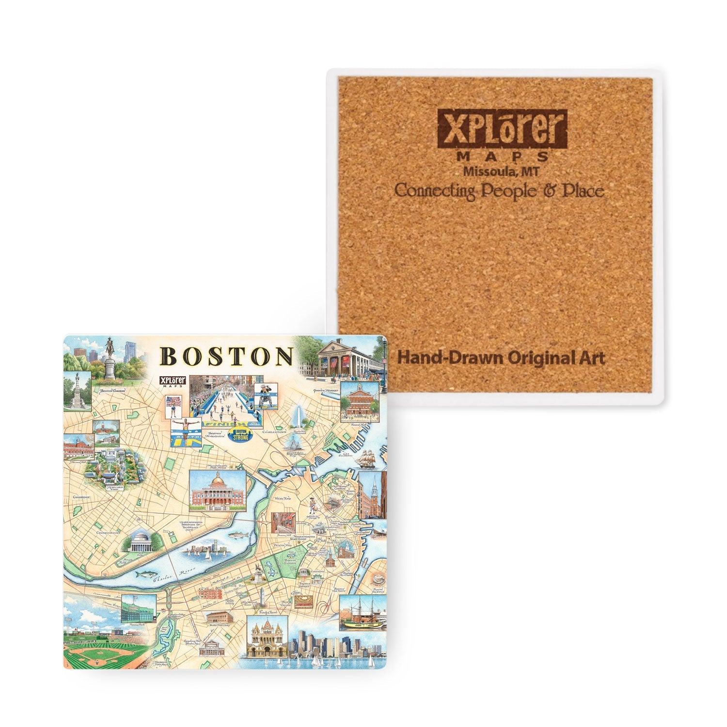 Boston map coaster with cork backer with Xplorer Maps branding. Featuring many iconic Boston locations. Available at Be Charmed. 
