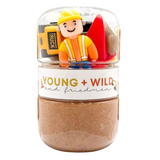 Jar with construction-themed toys and 'Young & Wild' branding on a white background. Available at Be Charmed