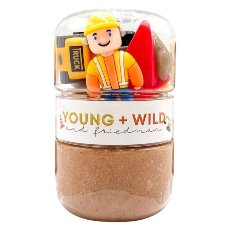 Jar with construction-themed toys and 'Young & Wild' branding on a white background. Available at Be Charmed
