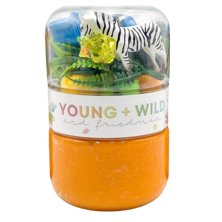 Toy set with a zebra and other animals in a clear container labeled 'Young + Wild'. Available at Be Charmed