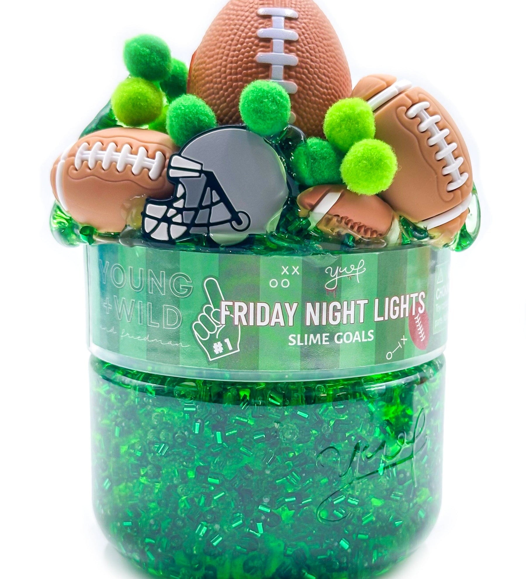A container of Friday Night Lights vibrant, non-sticky sensory play slime with themed miniature mix-in trinkets, available at Be Charmed.  