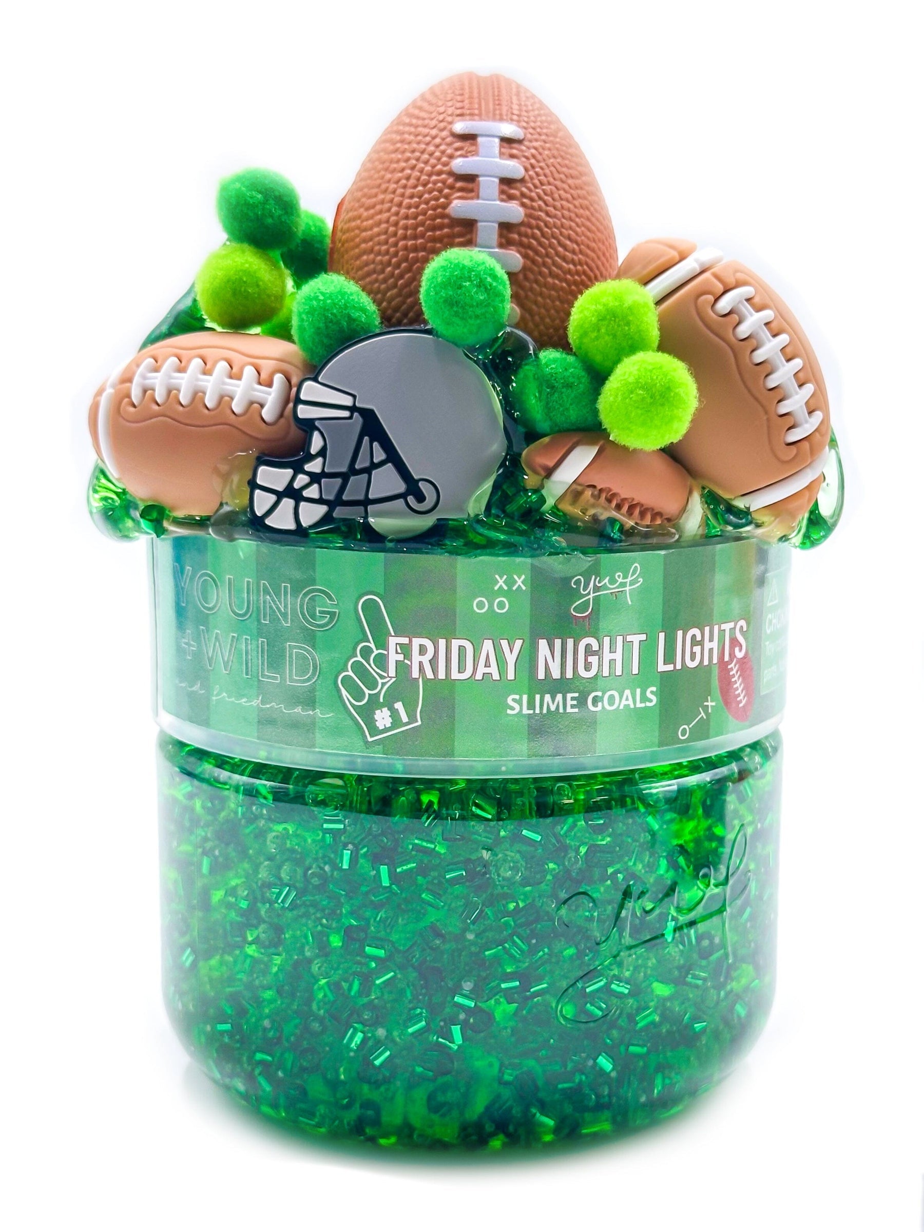 A container of Friday Night Lights vibrant, non-sticky sensory play slime with themed miniature mix-in trinkets, available at Be Charmed.  
