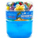 A container of Wayfinder Water vibrant, non-sticky sensory play slime with themed miniature mix-in trinkets, available at Be Charmed.  