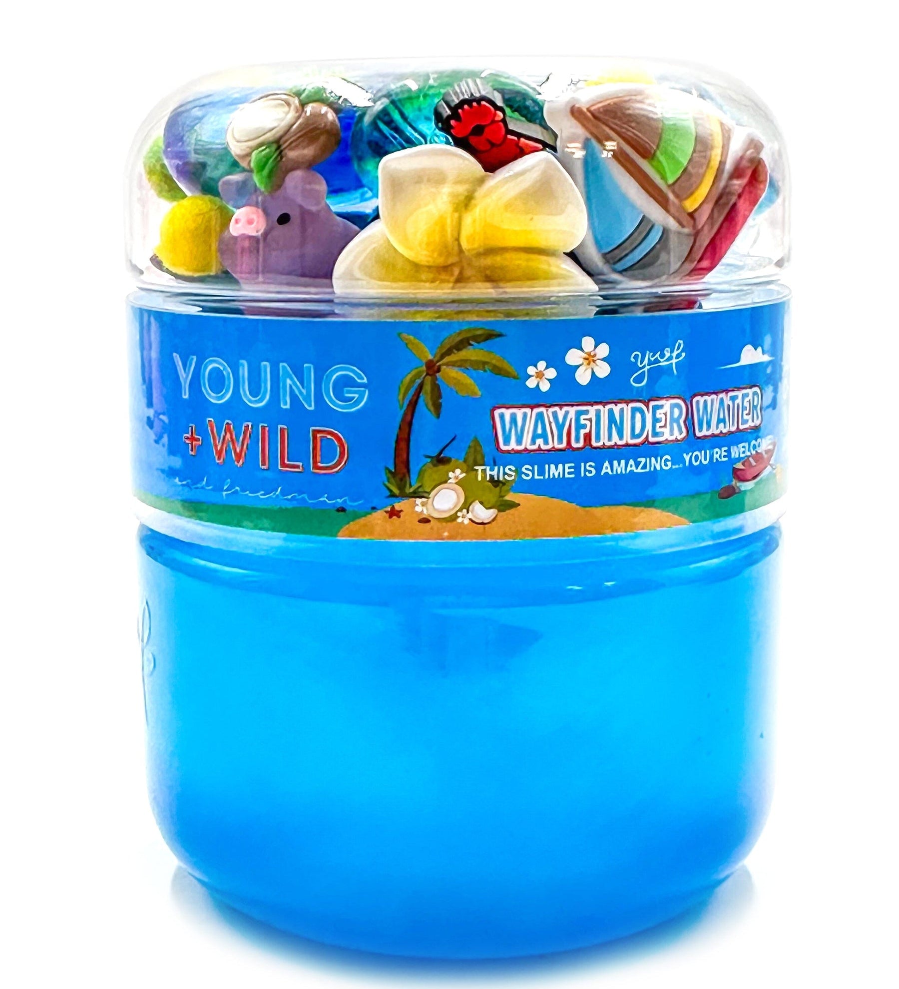 A container of Wayfinder Water vibrant, non-sticky sensory play slime with themed miniature mix-in trinkets, available at Be Charmed.  