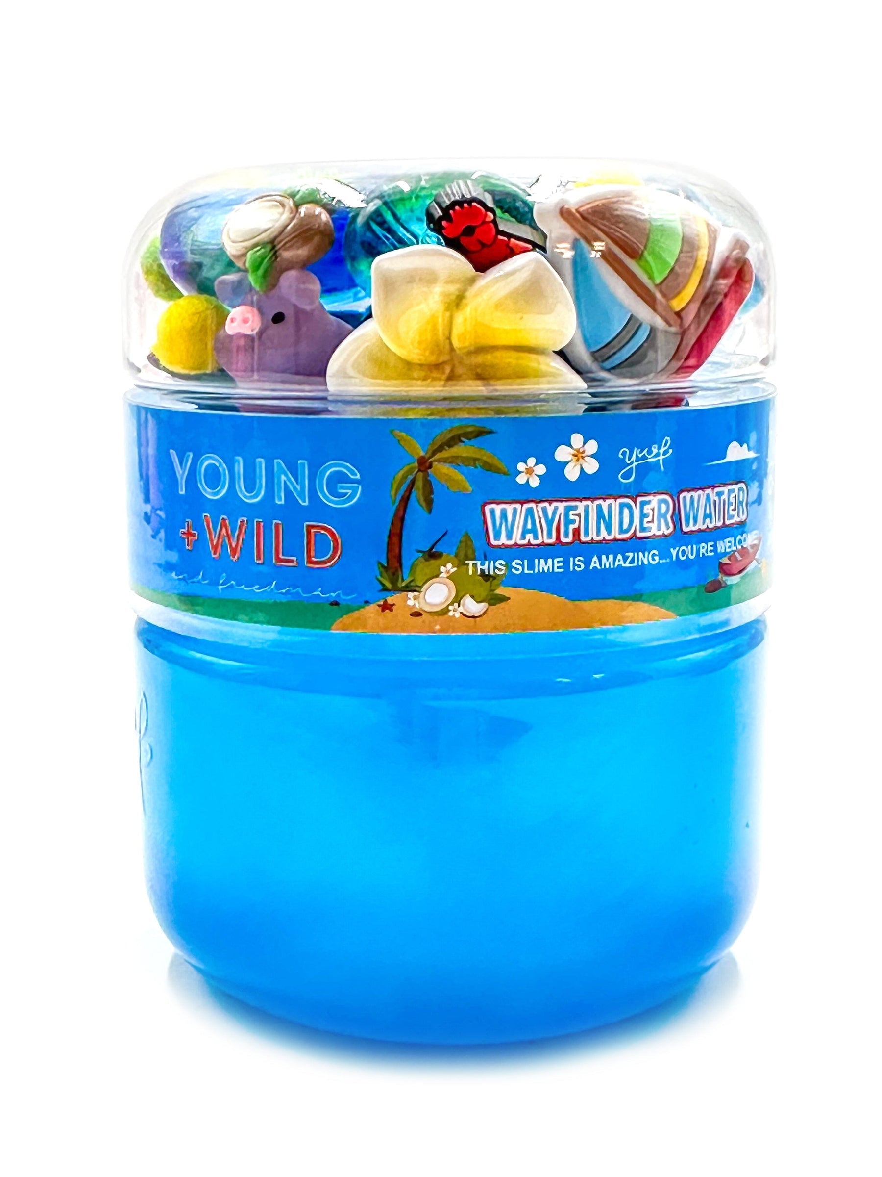 A container of Wayfinder Water vibrant, non-sticky sensory play slime with themed miniature mix-in trinkets, available at Be Charmed.  