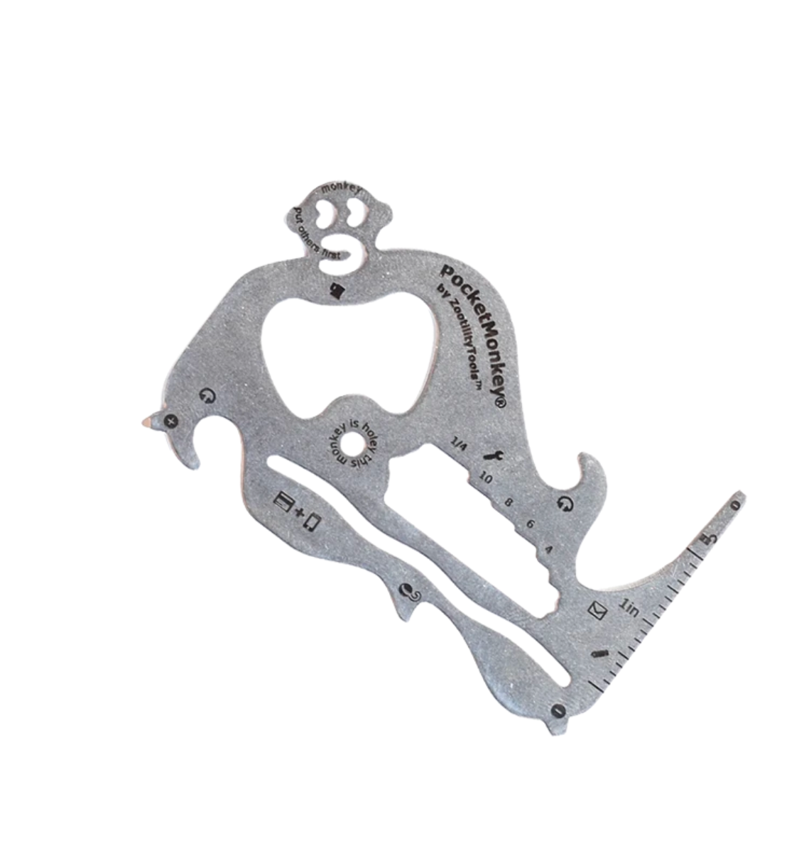 A multi-functional stainless steel PocketMonkey tool with various measurement scales and opening mechanisms, displayed on a plain background. Available at Be Charmed