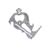 A multi-functional stainless steel PocketMonkey tool with various measurement scales and opening mechanisms, displayed on a plain background. Available at Be Charmed