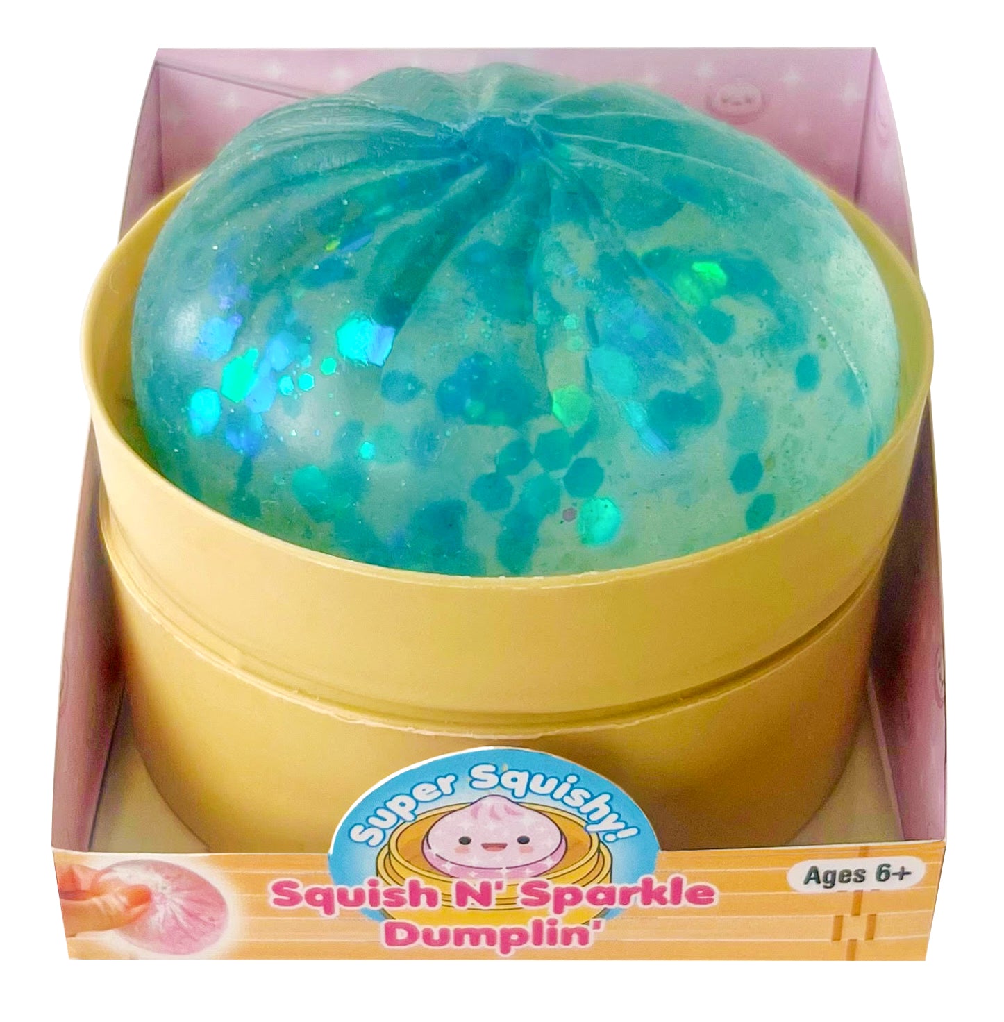 Super Squishy Squish N' Sparkle Dumplin' toy in packaging with visible brand logo. Available at Be Charmed