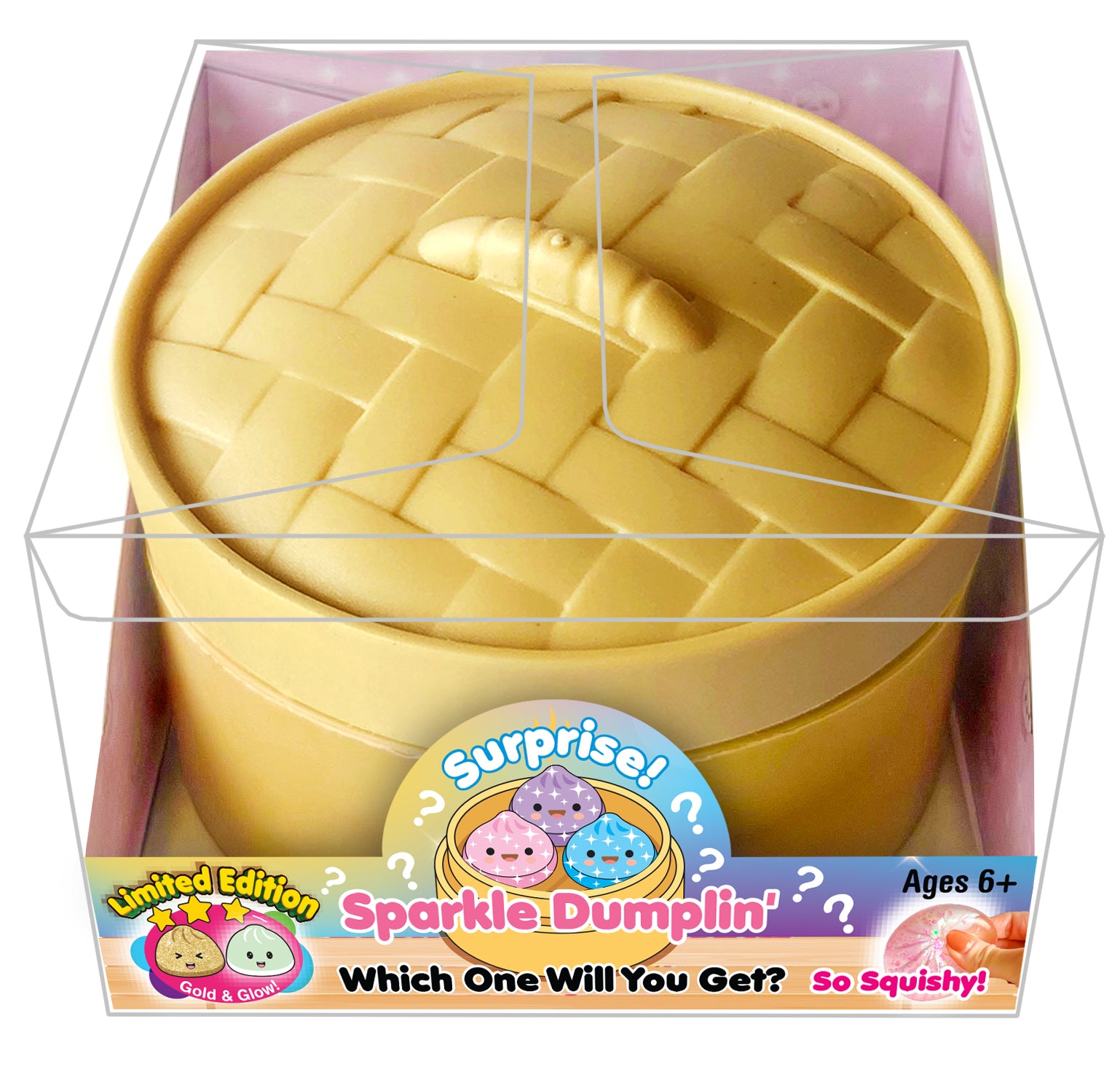 Yellow silicone dumpling mold with a small dumpling inside, in a clear packaging box. Available at Be Charmed
