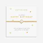 Gold bracelet on a 'Happy Birthday' card with decorative elements. Available at Be Charmed