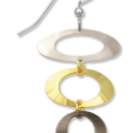Adajio earrings with three circular loops in silver, gold, and bronze on a white background. Available at Be Charmed. 