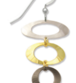 Adajio earrings with three circular loops in silver, gold, and bronze on a white background. Available at Be Charmed. 