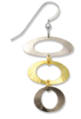 Adajio earrings with three circular loops in silver, gold, and bronze on a white background. Available at Be Charmed. 