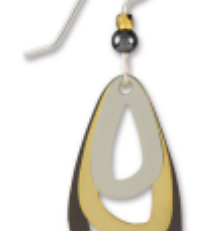 Adajio earring with layered oval shapes in black, gold, and gray on a white background. Available at Be Charmed. 