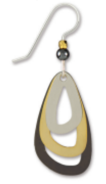 Adajio earring with layered oval shapes in black, gold, and gray on a white background. Available at Be Charmed. 