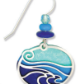Adajio Aqua, Blue & Purple Oval Earrings  Earring with wave design on a white background. Available at Be Charmed. 