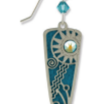 Adajio blue and silver earring with a central gemstone on a white background. Available at Be Charmed. 