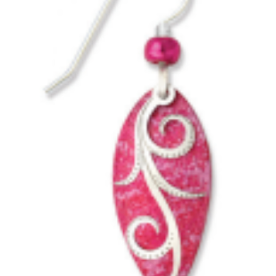 Adajio pink leaf-shaped earring with white swirl design on a white background. Available at Be Charmed. 