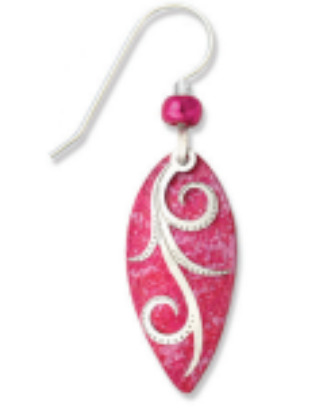 Adajio pink leaf-shaped earring with white swirl design on a white background. Available at Be Charmed. 