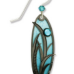Teal feather-shaped earring with a hook on a white background. Available at Be Charmed. 