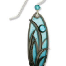 Teal feather-shaped earring with a hook on a white background. Available at Be Charmed. 