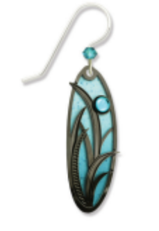 Teal feather-shaped earring with a hook on a white background. Available at Be Charmed. 