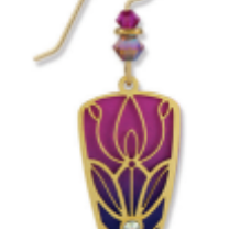 Adajio decorative earring with pink and purple design on a white background. Available at Be Charmed. 