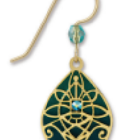 Adajio green and gold earring with a blue gemstone on a white background. Available at Be Charmed. 