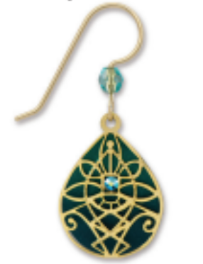 Adajio green and gold earring with a blue gemstone on a white background. Available at Be Charmed. 