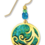 Adajio Gold Plate Ribbon Earrings on Rich Teal Disc—lightweight artisan statement jewelry. Available at Be Charmed