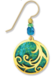 Adajio Gold Plate Ribbon Earrings on Rich Teal Disc—lightweight artisan statement jewelry. Available at Be Charmed
