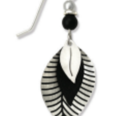 Adajio black and white feather-shaped earrings on a white background. Available at Be Charmed. 