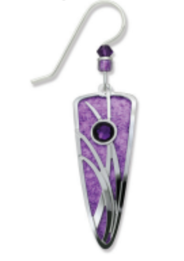 Adajio purple and silver earring with a central gemstone on a white background. Available at Be Charmed. 