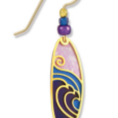 Adajio colorful surfboard-shaped earring with wave design on a white background. Available at Be Charmed. 