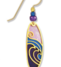 Adajio colorful surfboard-shaped earring with wave design on a white background. Available at Be Charmed. 