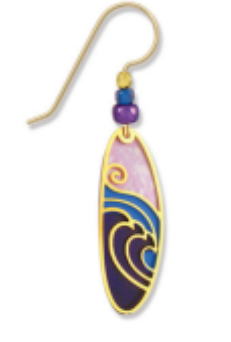 Adajio colorful surfboard-shaped earring with wave design on a white background. Available at Be Charmed. 
