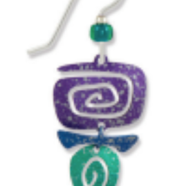 Adajio Rectangular Spiral 3-Part Earrings with Niobium earwire. Earring with purple and green spiral design on a white background. Available at Be Charmed