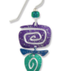 Adajio Rectangular Spiral 3-Part Earrings with Niobium earwire. Earring with purple and green spiral design on a white background. Available at Be Charmed