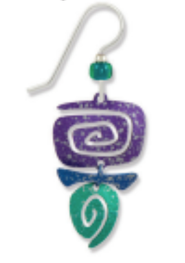 Adajio Rectangular Spiral 3-Part Earrings with Niobium earwire. Earring with purple and green spiral design on a white background. Available at Be Charmed