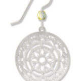 Adajio silver earring with intricate mandala design on a white background. Available at Be Charmed. 